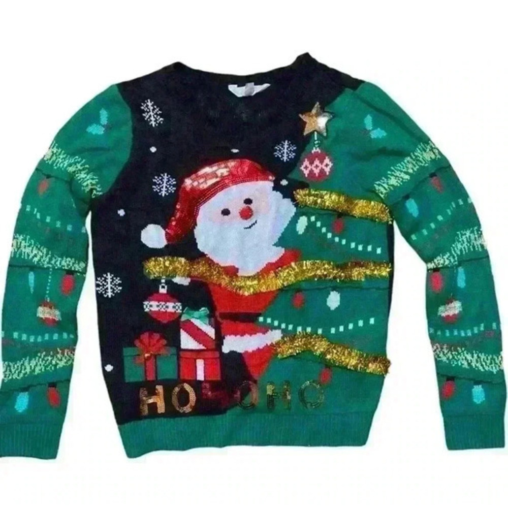 No Boundaries Junior Sweater Size L (11-13) Ugly Christmas 3D Sweater w/ Garland